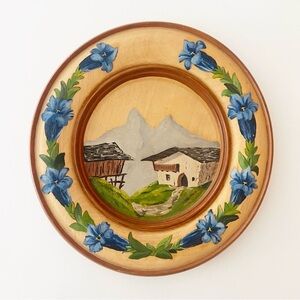 Hand Painted Vintage Wood Decorative Plate Cottage Countryside Design